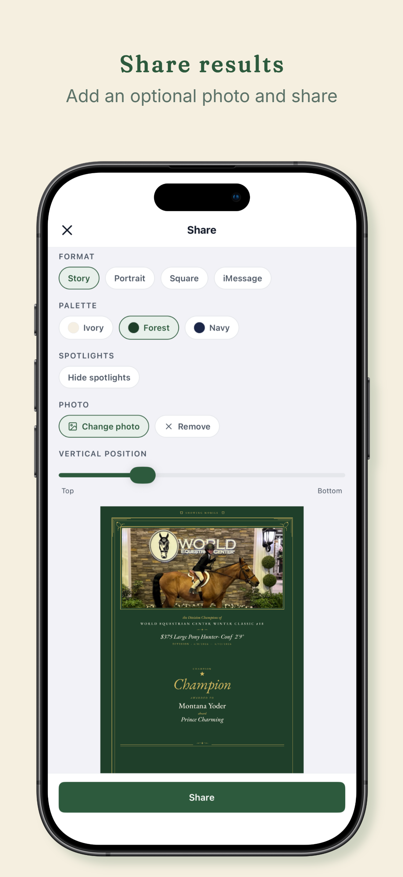 Share results — add an optional photo and share