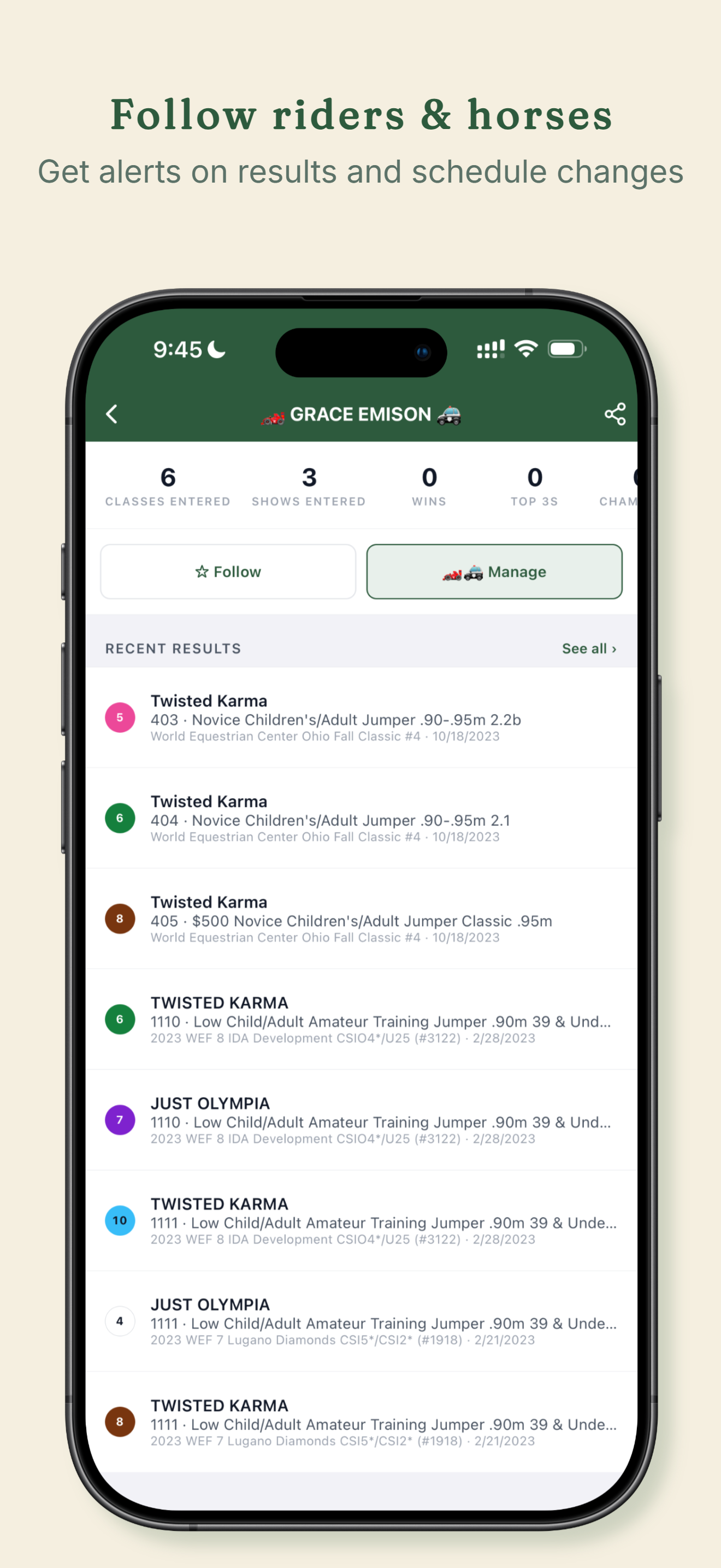 Follow riders and horses — get alerts on results and schedule changes